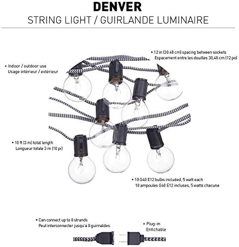 Denver Designer Serija 10-svjetlo 10ft unutarnje / vanjsko svjetlo za žice, Crni kabl, M / F utikači, okrugle Vintage Edison sijalice