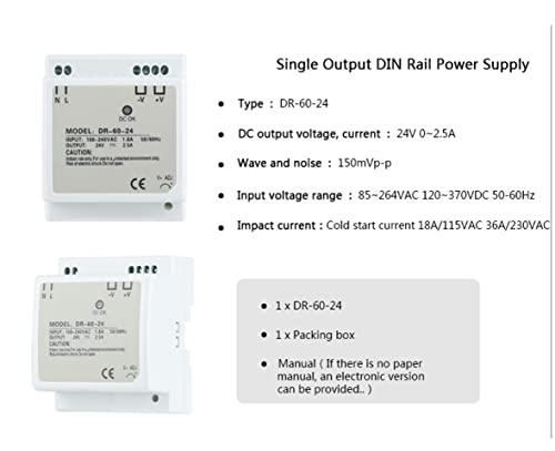 FEHAUK 1kom DR-60 - 24 Single Output DIN Rail Power Supply 24V Voltage Transformer LED Display 60W