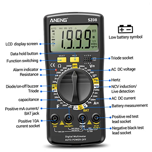 Doitool 1 Set Digital Multimeter tester baterije Tester za automobile Istere za baterije Kapacitet Multimeter Multimetri Električni