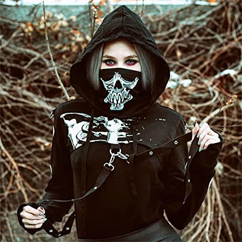 Insgoth Žene Gothic s kapuljača Top dugih rukava Crni lanac Ispiši usjeve E-Girl Harajuku