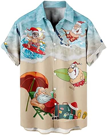 DSODAN božićna majica za muškarce opušteno-fit gumb s kratkim rukavima dolje majice smiješna Santa Claus Print Hawaiian Beach Top