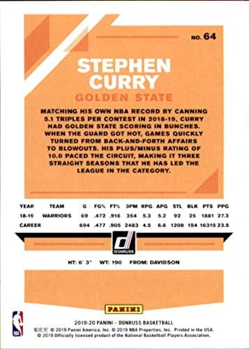 2019-20 Donruss Basketball 64 Stephen Curry Zlatni državni ratnici Službena NBA trgovačka kartica