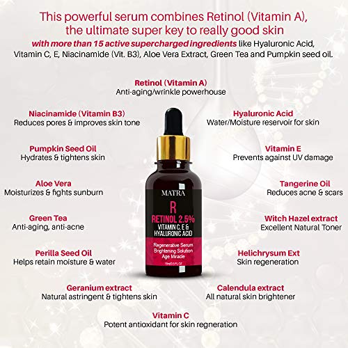 Matra Retinol Serum 2,5%, Vitamin C, E & amp; Serum za lice hijaluronske kiseline - Serum protiv bora / Serum protiv starenja sa Niacinamidom,