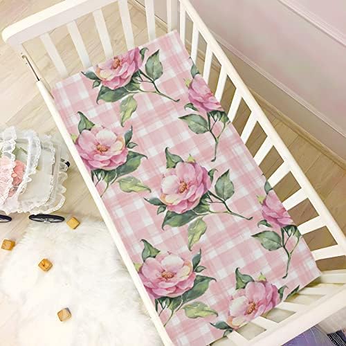 Alaza Pink Rose Clower Floral Buffalo Plaid Checkered listovi krevetića ugrađeni bassinet list za dječake Djevojke za djecu, standardne