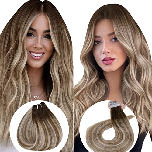 Hetto Weft Hair Extensions Human Hair Sew in Weave #3/8/22 12 Inch 70g & amp; Tape in Hair Extensions Human Hair Tape on Balayage Extensions 12 Inch 40g 20Pcs