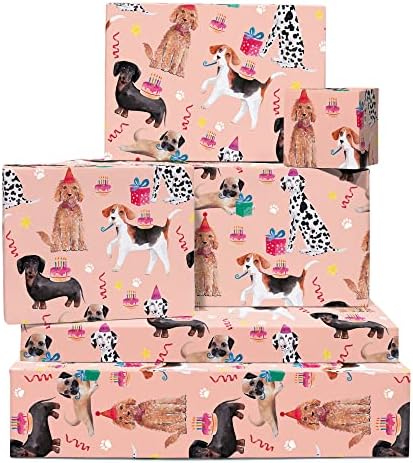 Centralni papir za umotavanje pasa 23-6 listova roze poklon Wrap - Psi Cake Party Pets-rođendanski poklon Wrap za krzno mama ili tata psa-dolazi sa slatkim naljepnicama