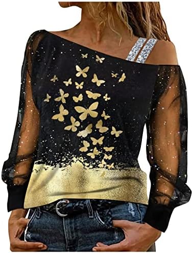 Plus Size tunike ženske Casual Gold leptir Print labave rukave bluza mrežasta majica spajanje dugih ženskih vrhova