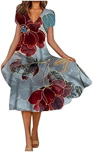 ADHOWBEW ljetna haljina za žene 2023 cvjetni Print V izrez modna Midi haljina Casual kratki rukav linija haljine