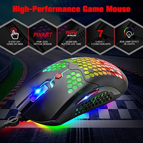 MAMBASNAKE žičani lagani miš za igre 65g, 26 RGB pozadinskim osvjetljenjem USB miševi za igre & 7 tipki programabilni drajver, PAW3325 12000dpi, sa ergonomskim Ultralight Honeycomb školjkom za PC igrače, Xbox, PS4