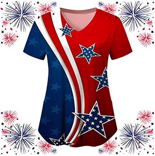 Majice za 4. jul majice za žene američke zastave ljetna kratka rukava V vratna košulja sa 2 džepa bluze praznična Ležerna radna odjeća