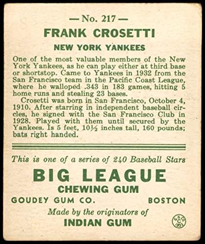 1933 Goudey 217 Frank Crosetti New York Yankees Dean's Cards 2 - Dobre Yankees