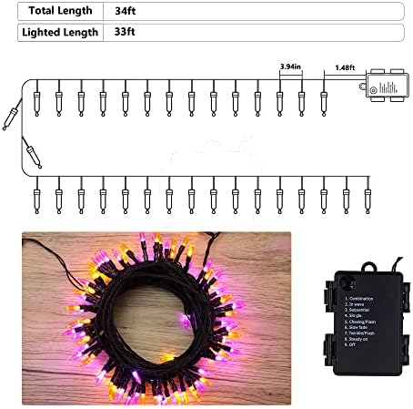 BrizLabs narandžasto ljubičasta svjetla za Noć vještica, 33ft 100 LED baterija svjetla za Noć vještica, 8 načina rada narandžasto