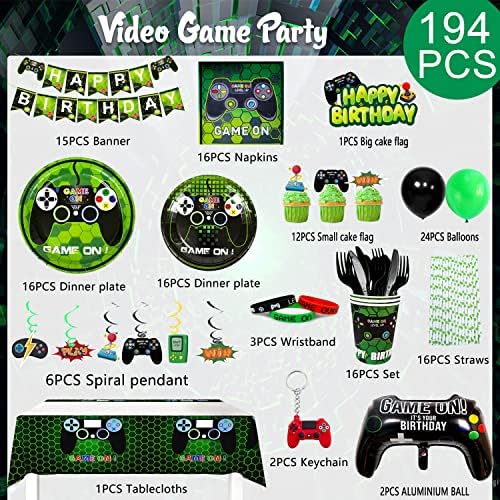 Video igre Rođendani za dječake, 194pcs Gamer Rođendan ukrasi i pribor za jelo-video igrane ploče Kupovi salvete stolklopni baloni
