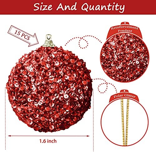 15 komada 1.6 inčni Božić Ball Ornamenti crveni Božić ukrasi Glitter božićno drvo dekoracije Tree Balls dekorativni Božić kugle za svadbene zabave Holiday dekoracije